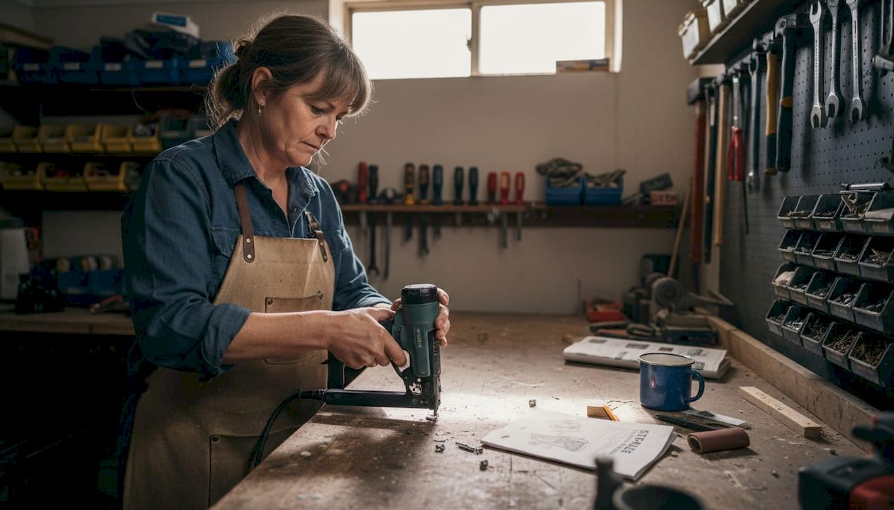 Tradesperson troubleshooting stapler in workshop
