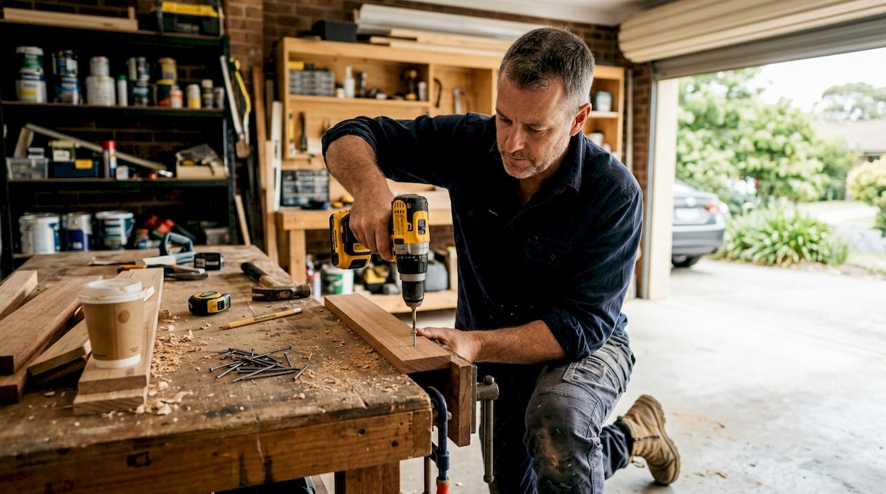 Tradesperson installing fastener in timber workbench