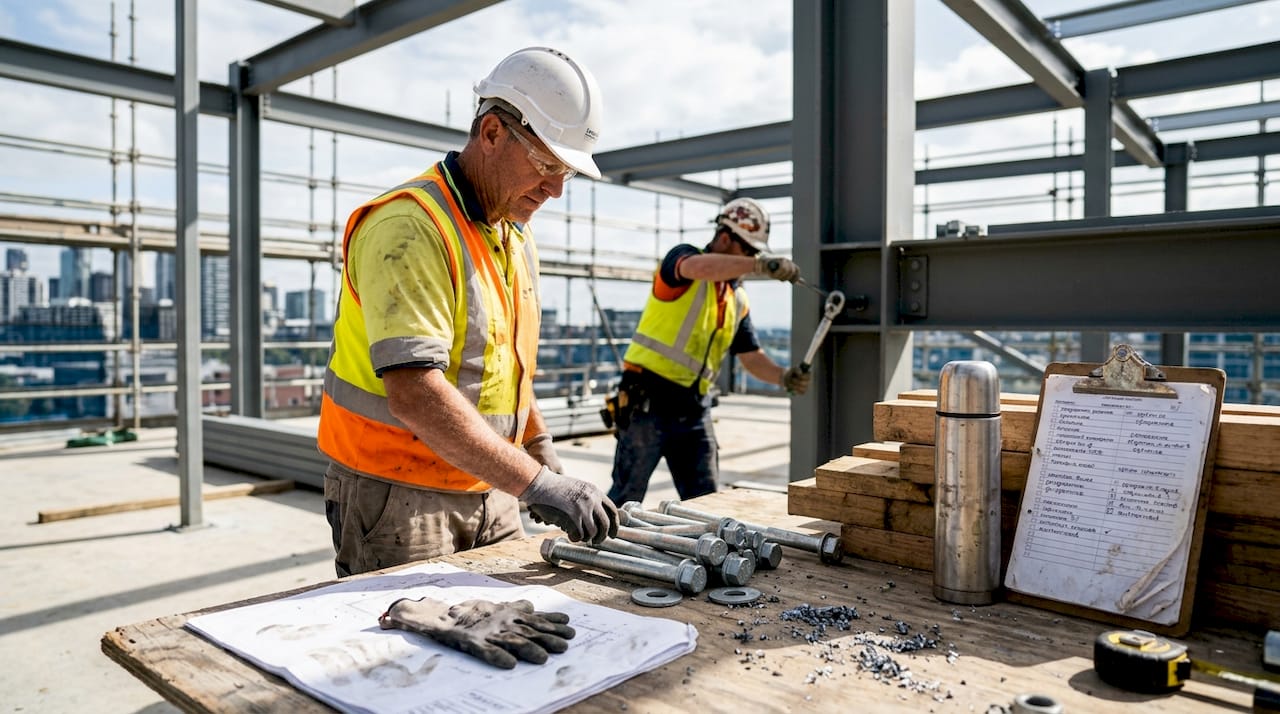 Supervisor checks fasteners on steel construction site