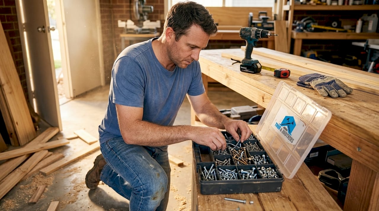 DIYer sorting fasteners on workbench