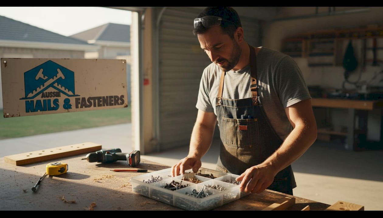 Woodworker sorting fasteners in home workshop