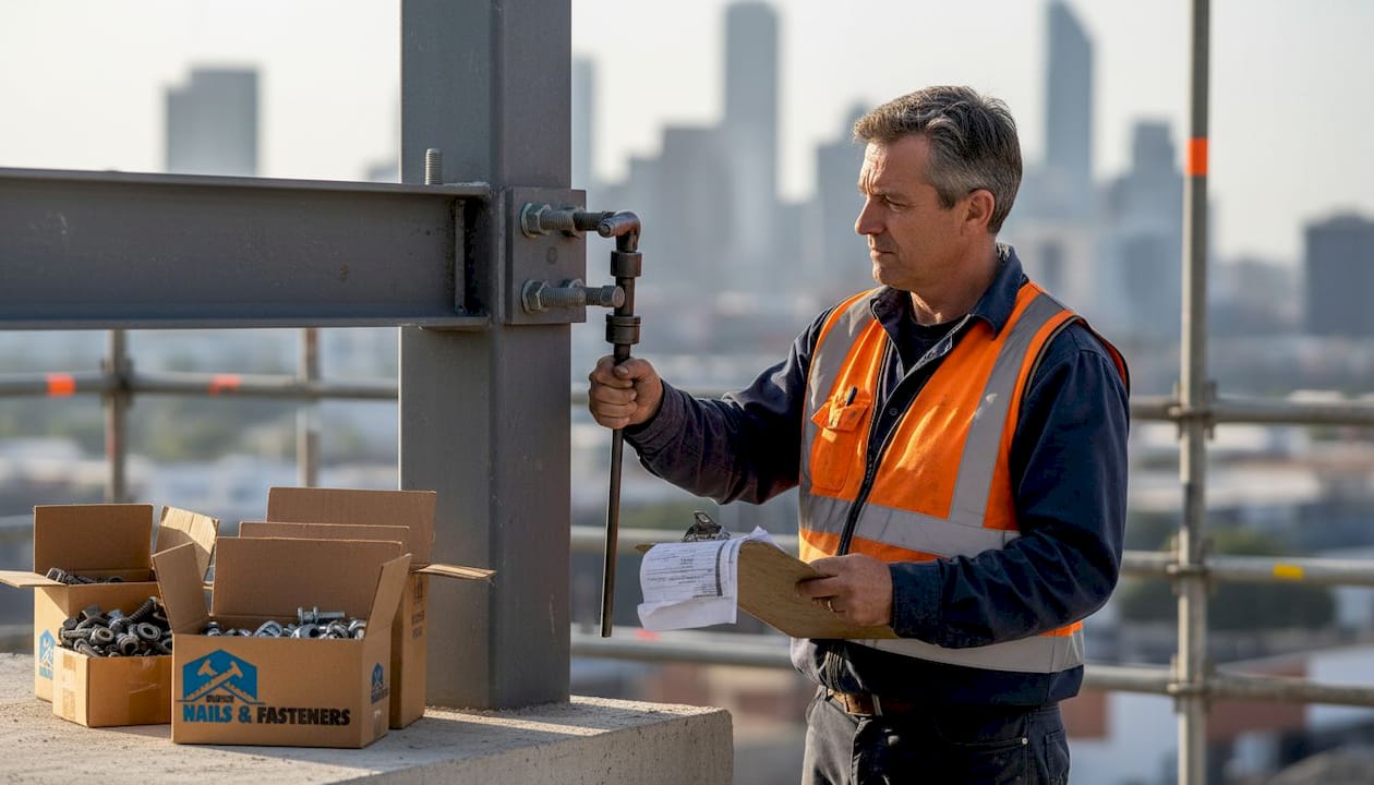 Site supervisor inspecting steel beam fasteners
