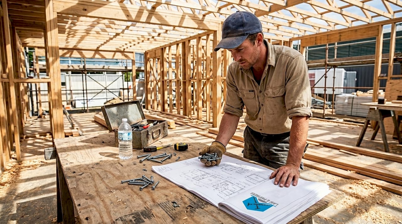 Builder inspecting fasteners at construction site