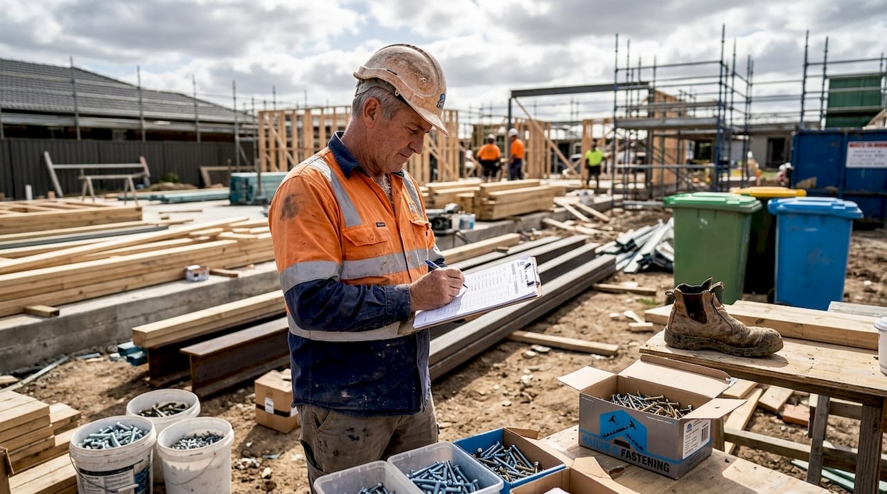 Supervisor with fasteners on active Aussie building site