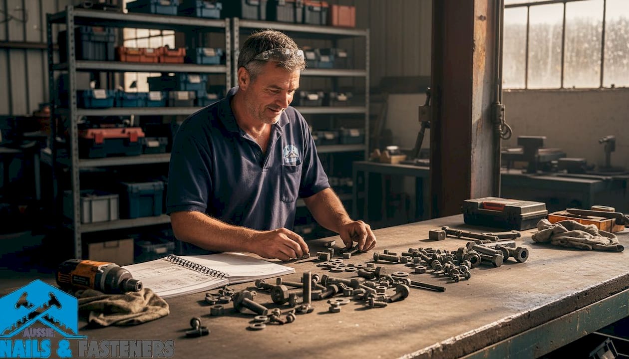 Tradesperson inspecting fasteners on workshop bench