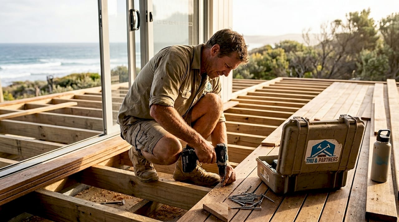Builder installing stainless fasteners on timber deck