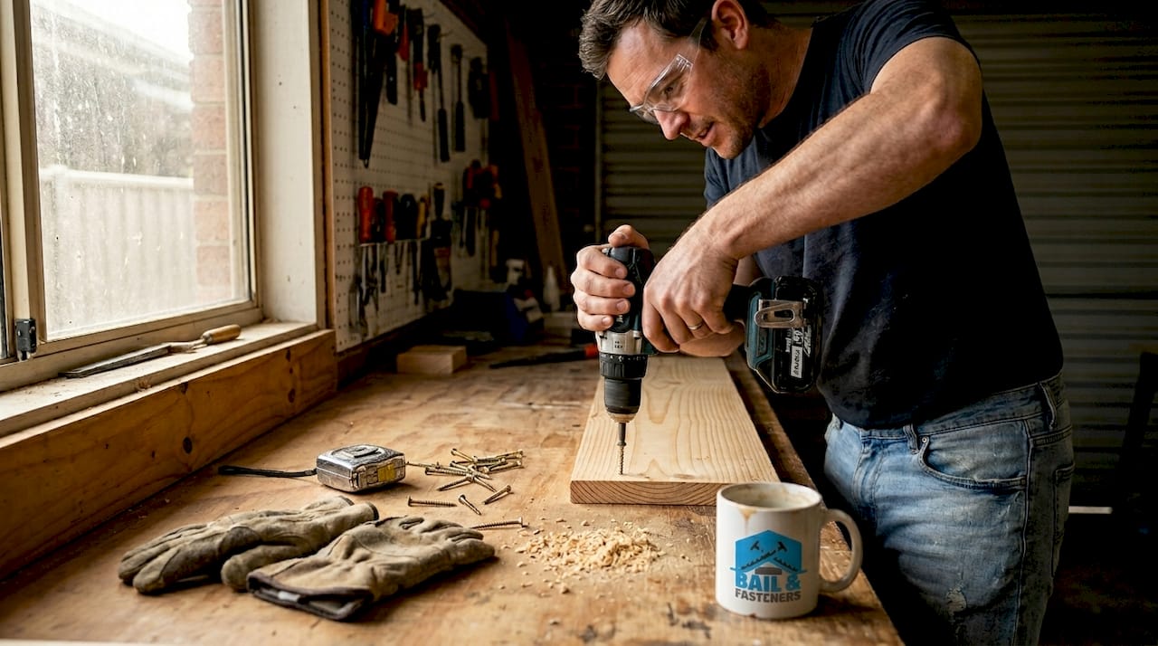 Man installing screw at cluttered garage workbench