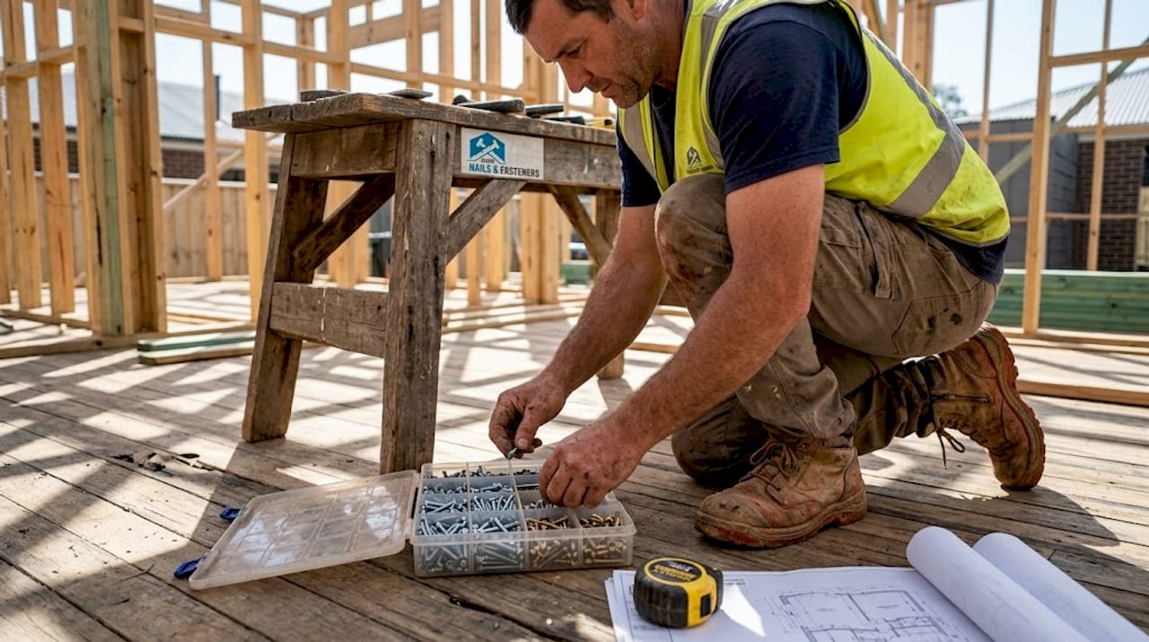 Builder sorting screws at Australian jobsite