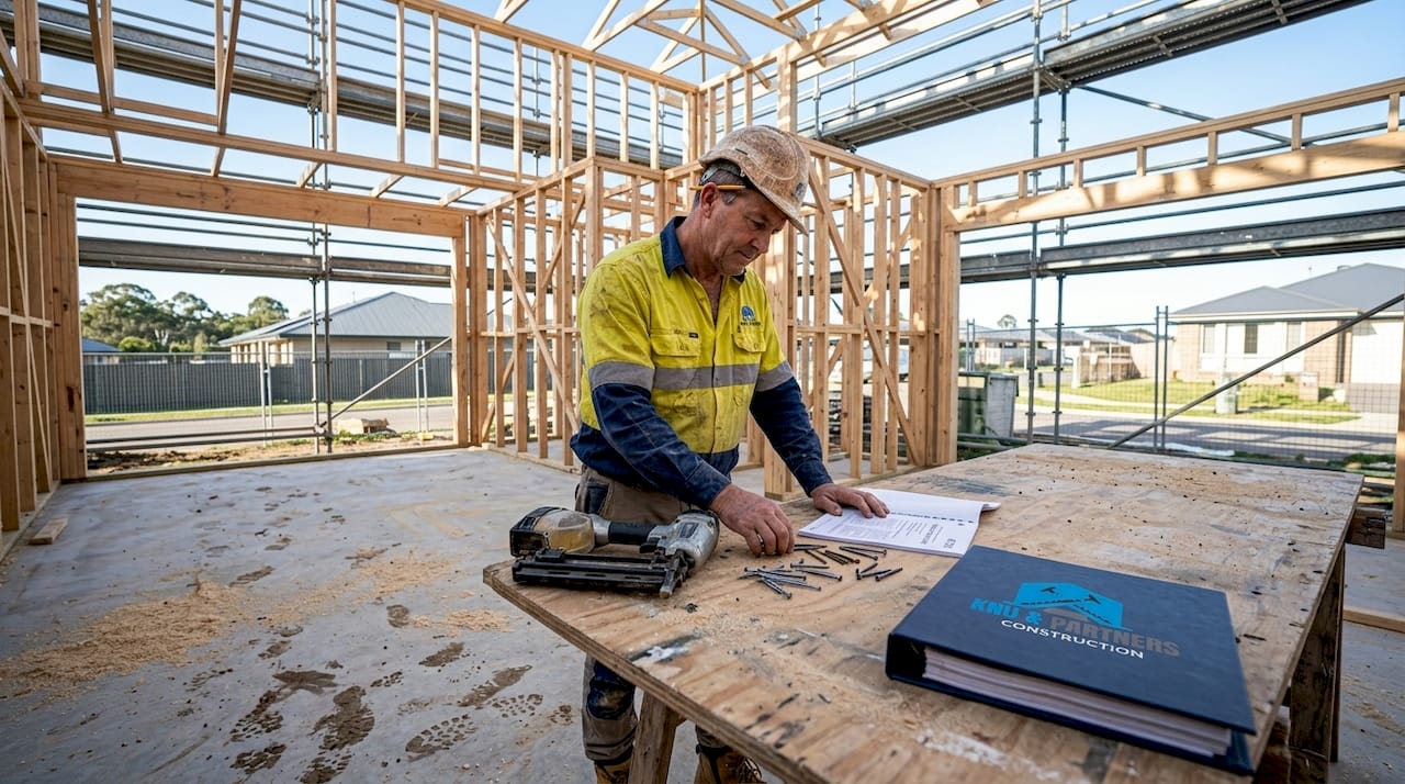 Builder examining nail types at timber build site