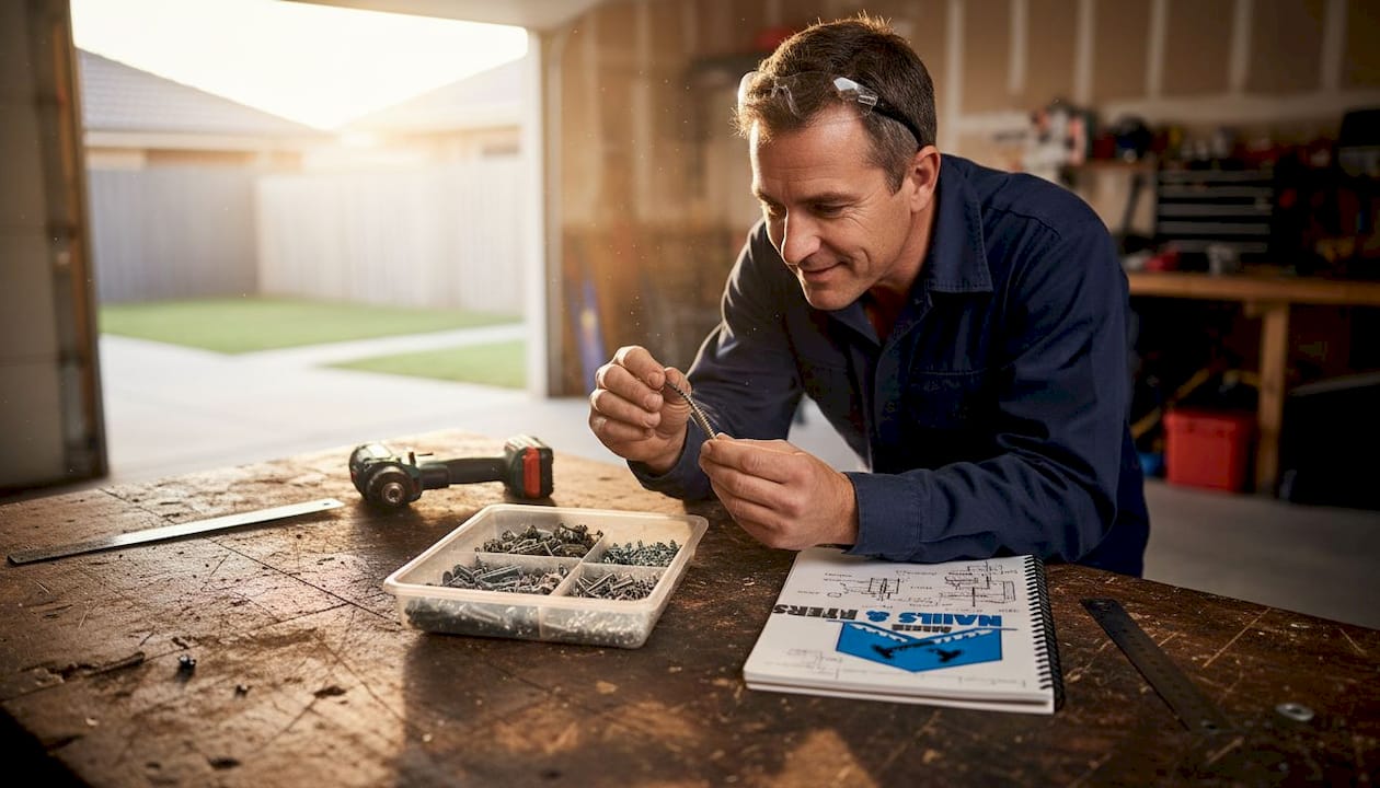 Builder comparing screw threads on workbench