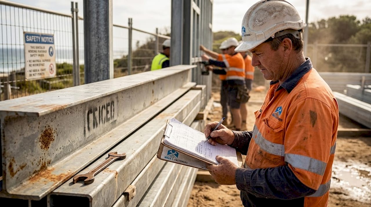 Supervisor reviews fastener use at coastal site