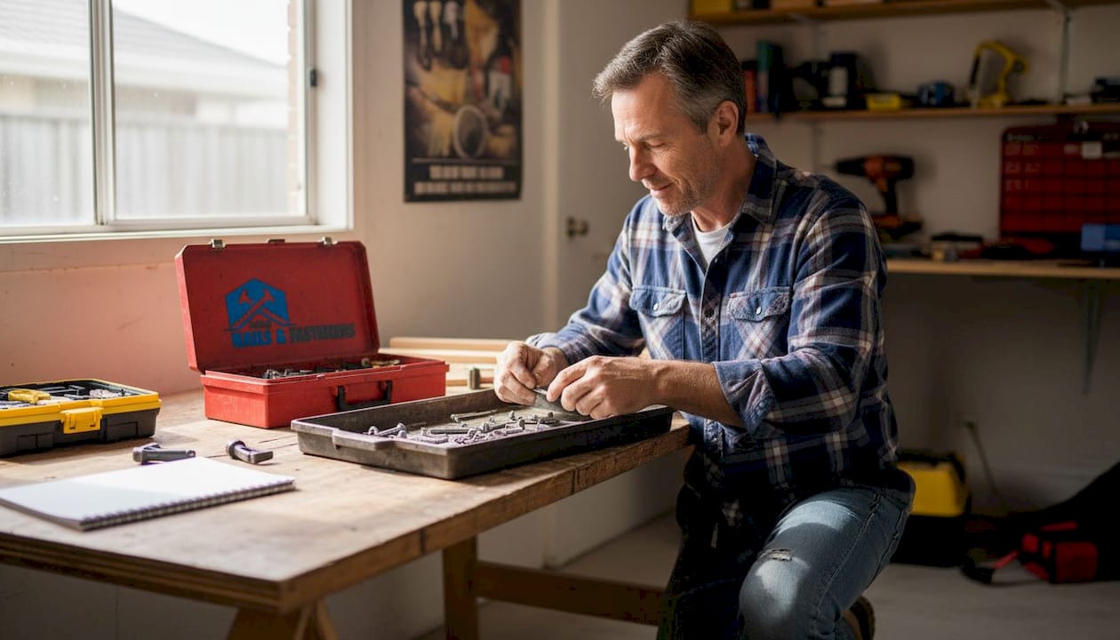Carpenter choosing screws in home workshop