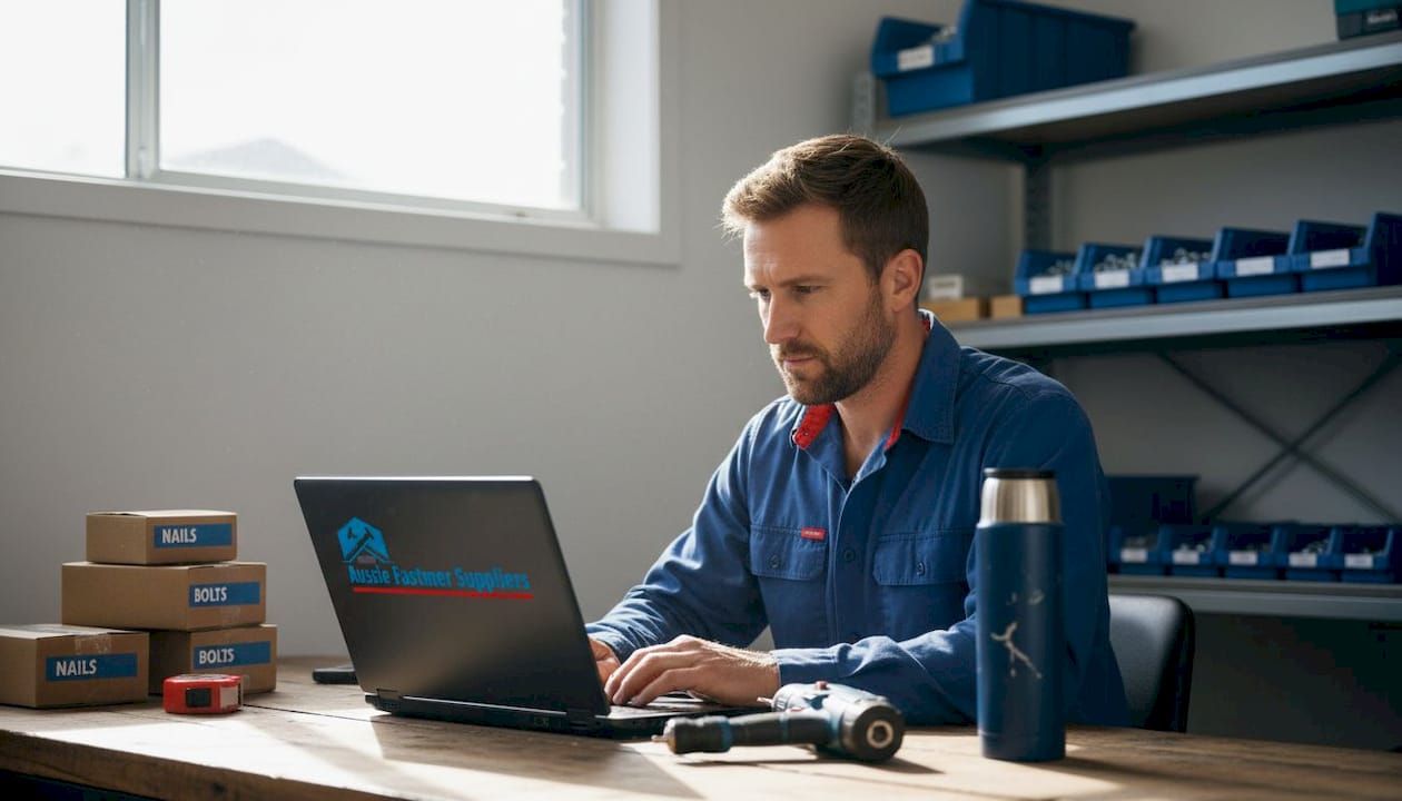 Tradesperson ordering fasteners in home workshop