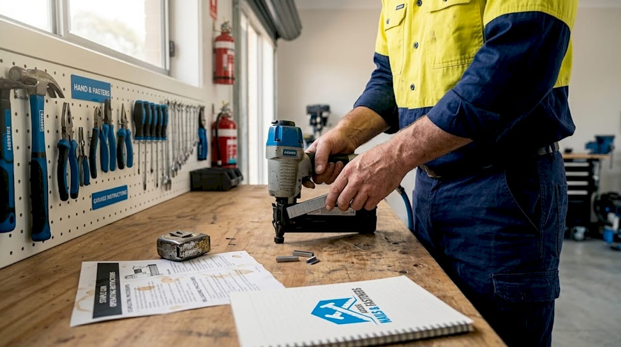 Tradesperson loading staple gun at workbench